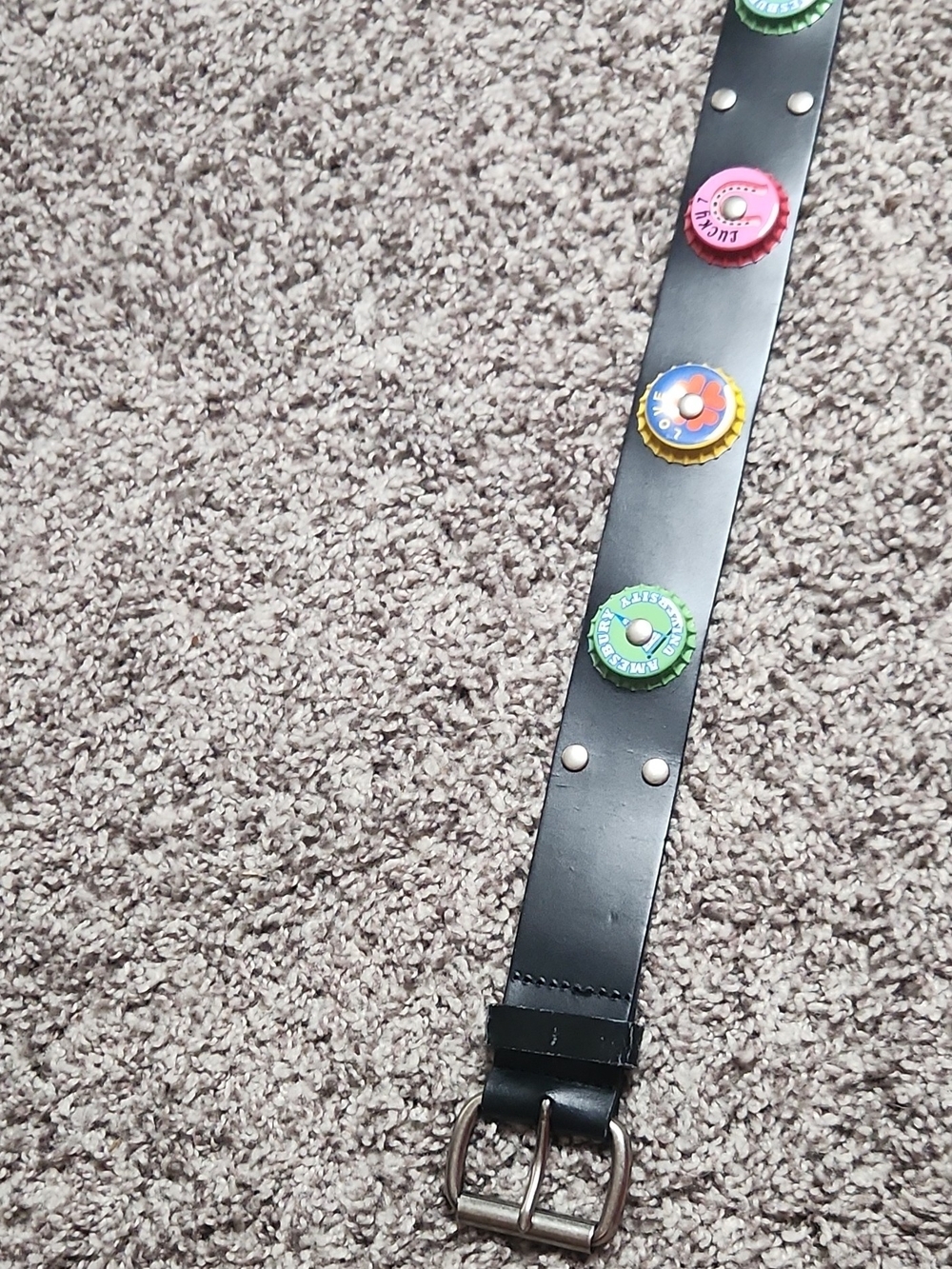 Black Decorative Snap Belt with Colorful Bottle Cap Accents